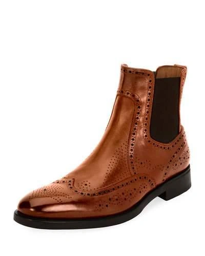 Ferragamo Men's Wing-tip Brogue Leather Chelsea Boot, Cognac Brown