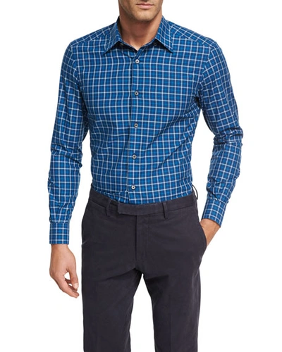 Ermenegildo Zegna Shadow-plaid Cotton Shirt, Medium Blue
