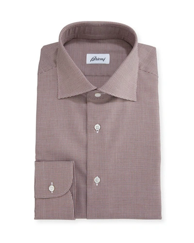 Brioni Micro-houndstooth Dress Shirt, Brown