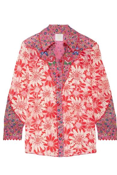 Anna Sui Embroidered Printed Silk-crepon Shirt In Pink