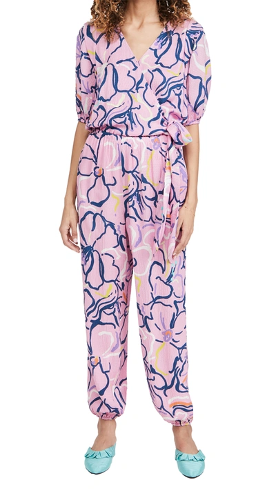 Tanya Taylor Virgil Squiggle Floral Puckered Silk Jumpsuit In Squiggle Floral Purple