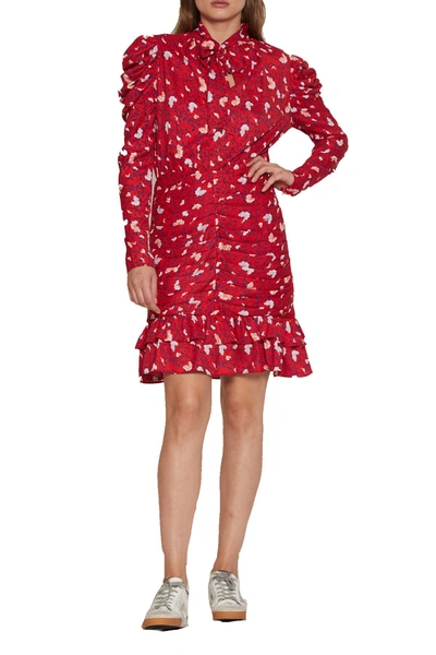 Walter Baker Kiara Tie-neck Ruched Floral-print Crepe De Chine Mini Dress In Apple Blossom