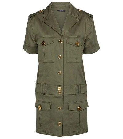 Balmain Cargo-pocket Cotton-blend Mini Shirt Dress In Green