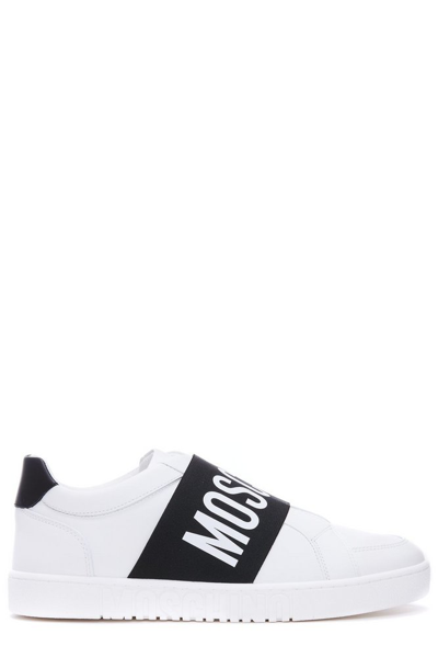 Moschino Fantasy Logo Strap Leather Sneakers In White,black