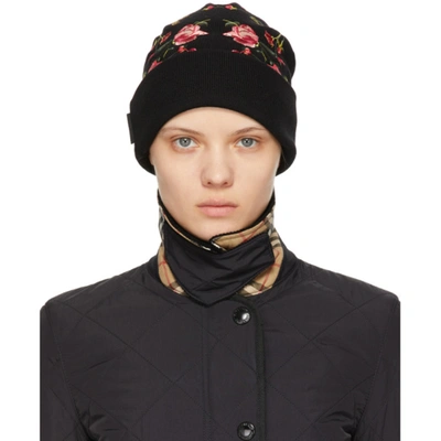 Burberry Black Merino Embroidered Rose Beanie