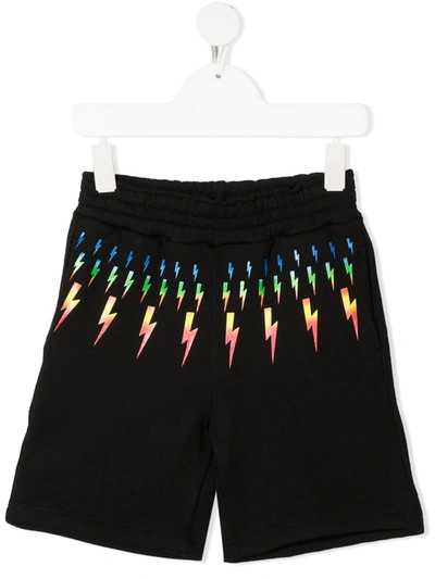 Neil Barrett Teen Lightning Bolt-print Track Shorts In Black