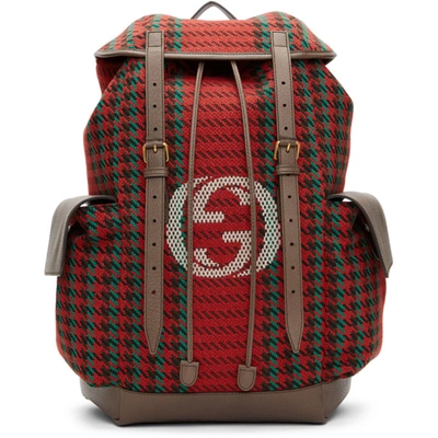 Gucci Red & Green Houndstooth Gg Backpack In 8274 Red Gr