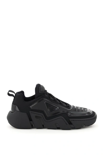 Prada Segment Sneakers With Rubber Logo In Nero (black)