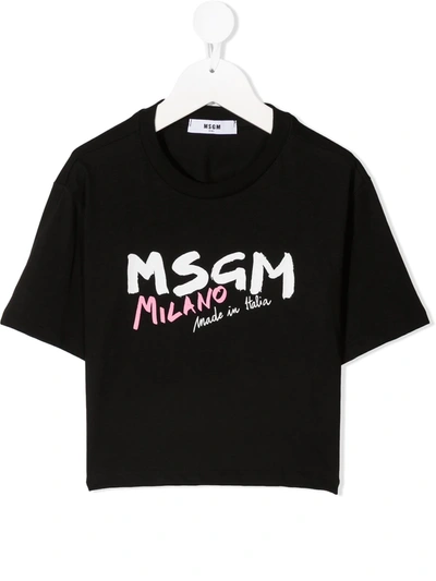 Msgm Kids' Black T-shirt For Girl With Logo In Blue