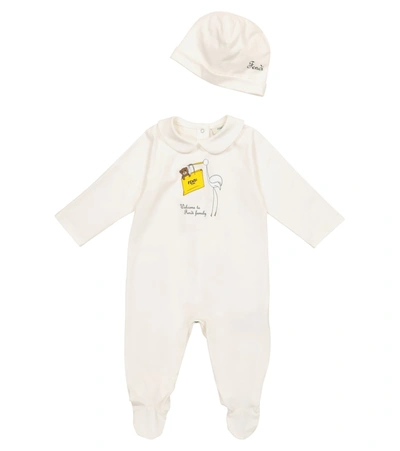 Fendi Baby Stretch-cotton Onesie And Hat Set In Gesso