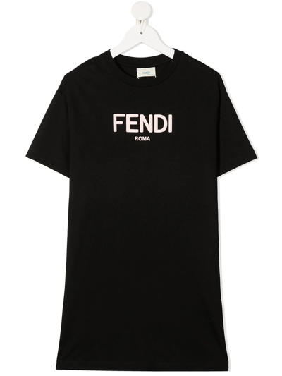 Fendi Kids' Logo-print Cotton T-shirt Dress In Black