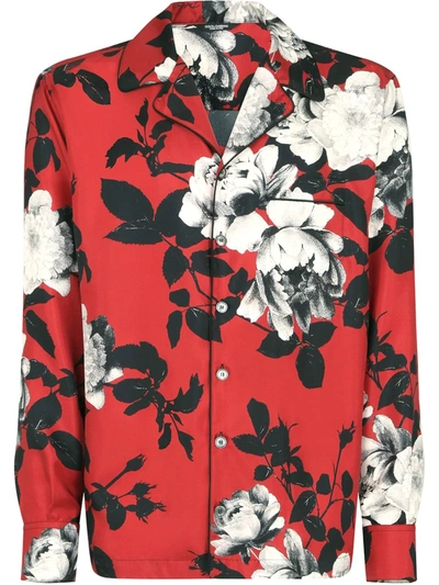 Dolce & Gabbana Red Silk Camellia Print Pyjama Shirt In Floral Print