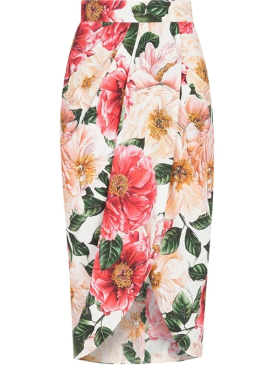 Dolce & Gabbana Camellia Print Stretch Cady Tulip Midi Skirt In Pink/green