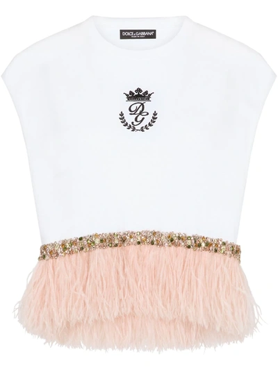 Dolce & Gabbana Jersey T-shirt With Marabou Trim In White