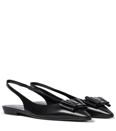 Saint Laurent Anais Bow-embellished Leather Slingback Point-toe Flats In Black