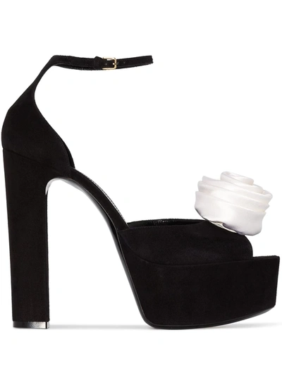 Saint Laurent Jodie Rose-embellished Suede Platform Sandals In Black