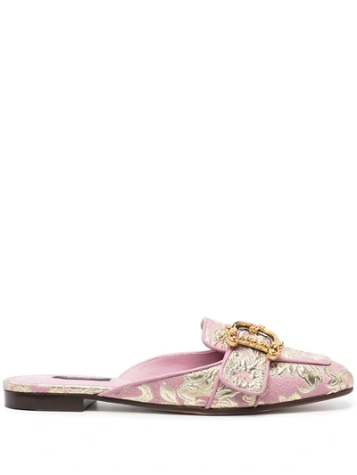 Dolce & Gabbana Logo Plaque Jacquard Mules In Pink,gold