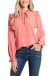 Cece Ruffle Neck Long Sleeve Blouse In Coral Cove
