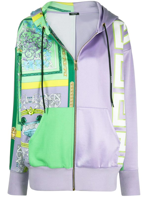 Versace Barocco Mosaic Print Mixed Media Hoodie In Lilac Water Green |  ModeSens