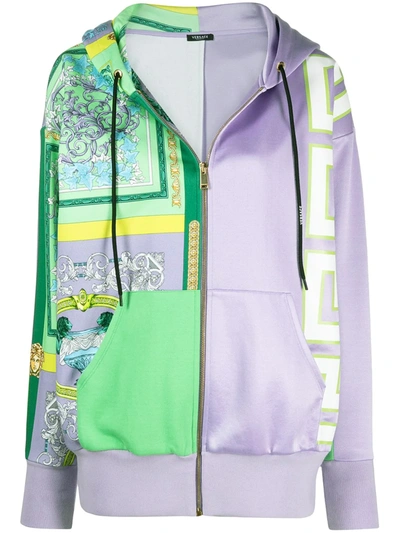 Versace Barocco Mosaic Print Mixed Media Hoodie In Lilac Water Green
