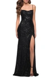 La Femme Strappy Back Sequin Gown In Black