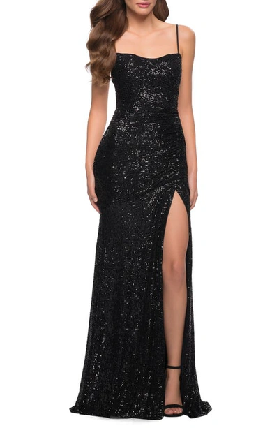 La Femme Strappy Back Sequin Gown In Black