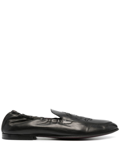 Dolce & Gabbana Logo-embroidered Leather Loafers In Black