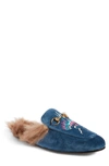 Gucci Princetown Velvet Embroidered Fur-lined Slipper, Blue In Cobalt Multi