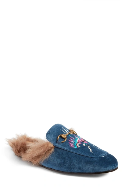 Gucci Princetown Velvet Embroidered Fur-lined Slipper, Blue In Cobalt Multi