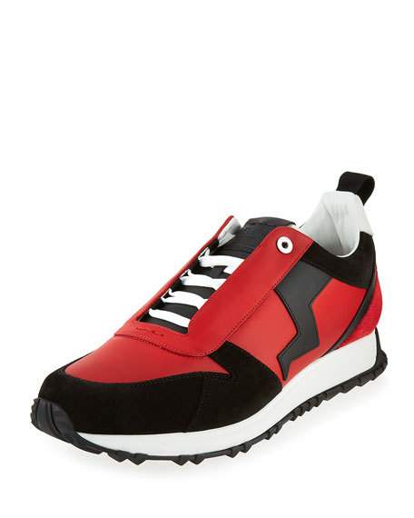 Fendi Men's Suede-paneled Leather Trainer, Red | ModeSens
