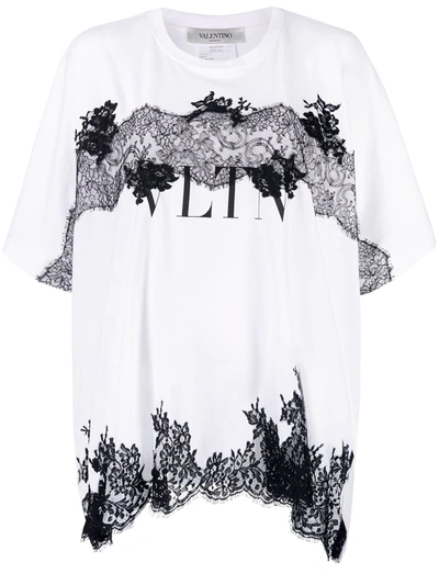 Valentino Lace-detail Logo Print T-shirt In White