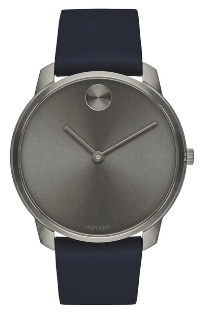 Movado Bold Leather Strap Watch, 42mm In Blue/ Grey