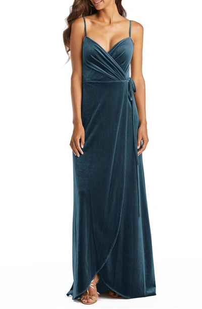 After Six Velvet Wrap Gown In Dutch Blue
