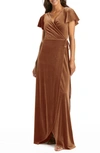 After Six Flutter Sleeve Velvet Wrap Gown In Golden Almond