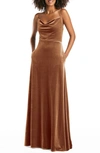 After Six Cowl Neck Velvet Gown In Golden Almond