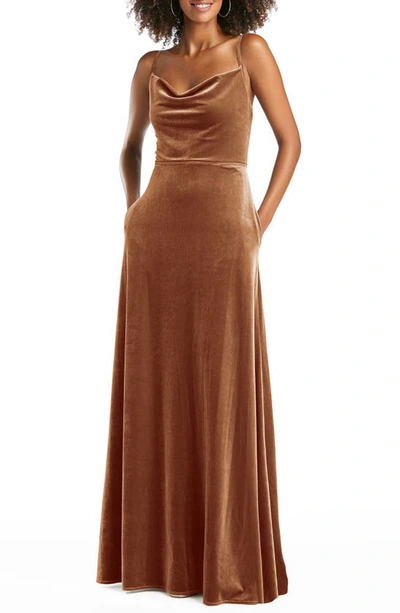 After Six Cowl Neck Velvet Gown In Golden Almond