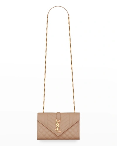 Saint Laurent Envelope Triquilt Small Ysl Shoulder Bag In Grained Leather In Natural Tan