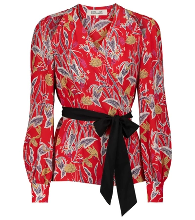 Diane Von Furstenberg Hesy Silk Crêpe De Chine Wrap Blouse In Bali Flower Medium Red