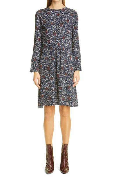 Chloé C Flower Floral Print Long Sleeve Crepe Dress In Abyss Blue