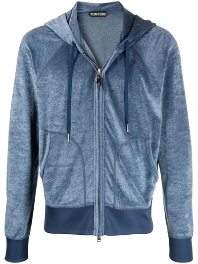 Tom Ford Men's Fluid Velour Raglan Hoodie In Blue