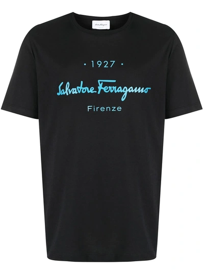 Ferragamo Logo-print Crew-neck T-shirt In Black,blue