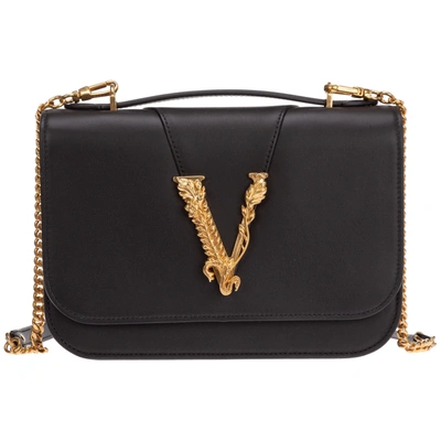 Versace Women's Leather Shoulder Bag Virtus In Nero