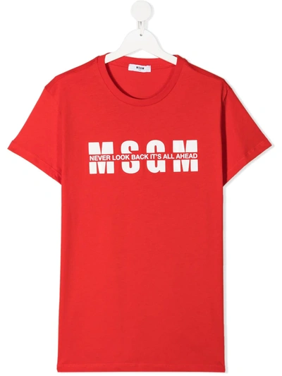 Msgm Teen Slogan-print Cotton T-shirt In Red