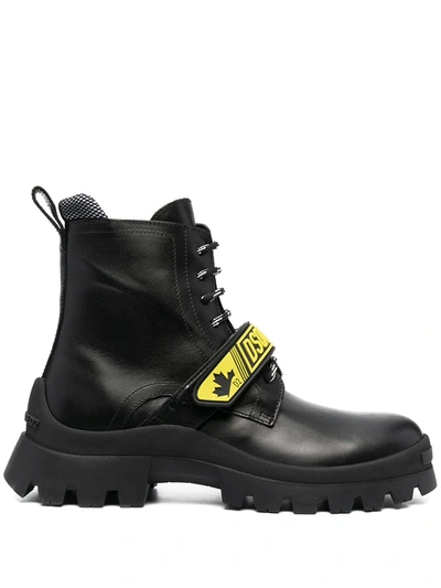 Dsquared2 30mm Fluo Signature Leather Combat Boots In Black