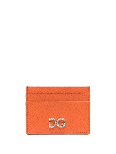 Dolce & Gabbana Rhinestone Logo Cardholder In Orange