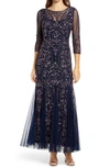 Pisarro Nights Sequin Beaded Illusion Gown In Navy