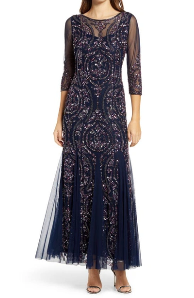 Pisarro Nights Sequin Beaded Illusion Gown In Navy