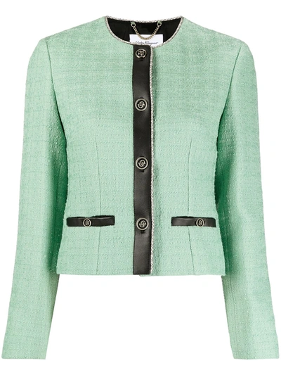 Ferragamo Leather-trim Tweed Jacket In Green