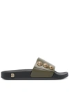 Balmain Symi Embellished Leather Slide Sandals In Olive