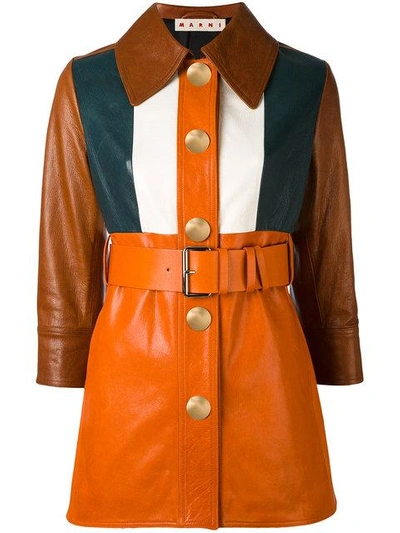 Marni Color Block Belted Leather Jacket, Multicolor In Orange